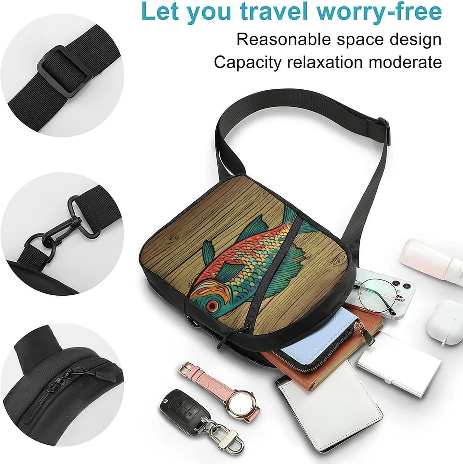 Sling Bag for Women Men Daypack Fish on Wood Chest Bag Crossbody Backpack for Hiking Travel