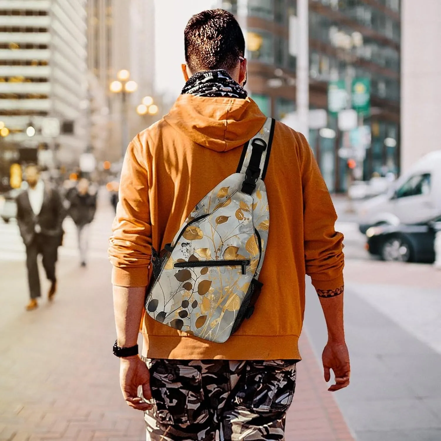 Sling Bag for Women Men Daypack Gold Leaves And Twigs Chest Bag Crossbody Backpack for Hiking Travel