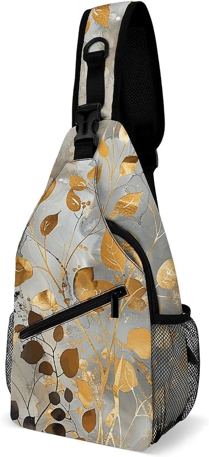 Sling Bag for Women Men Daypack Gold Leaves And Twigs Chest Bag Crossbody Backpack for Hiking Travel