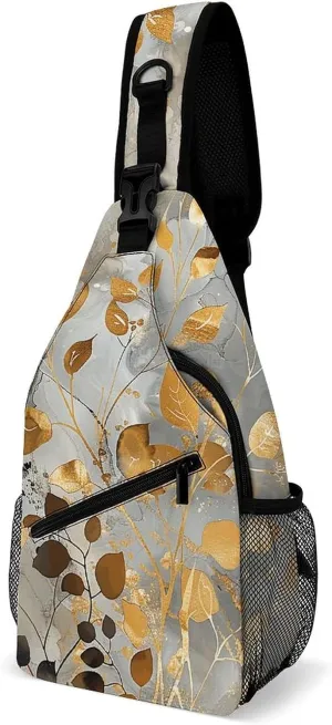 Sling Bag for Women Men Daypack Gold Leaves And Twigs Chest Bag Crossbody Backpack for Hiking Travel