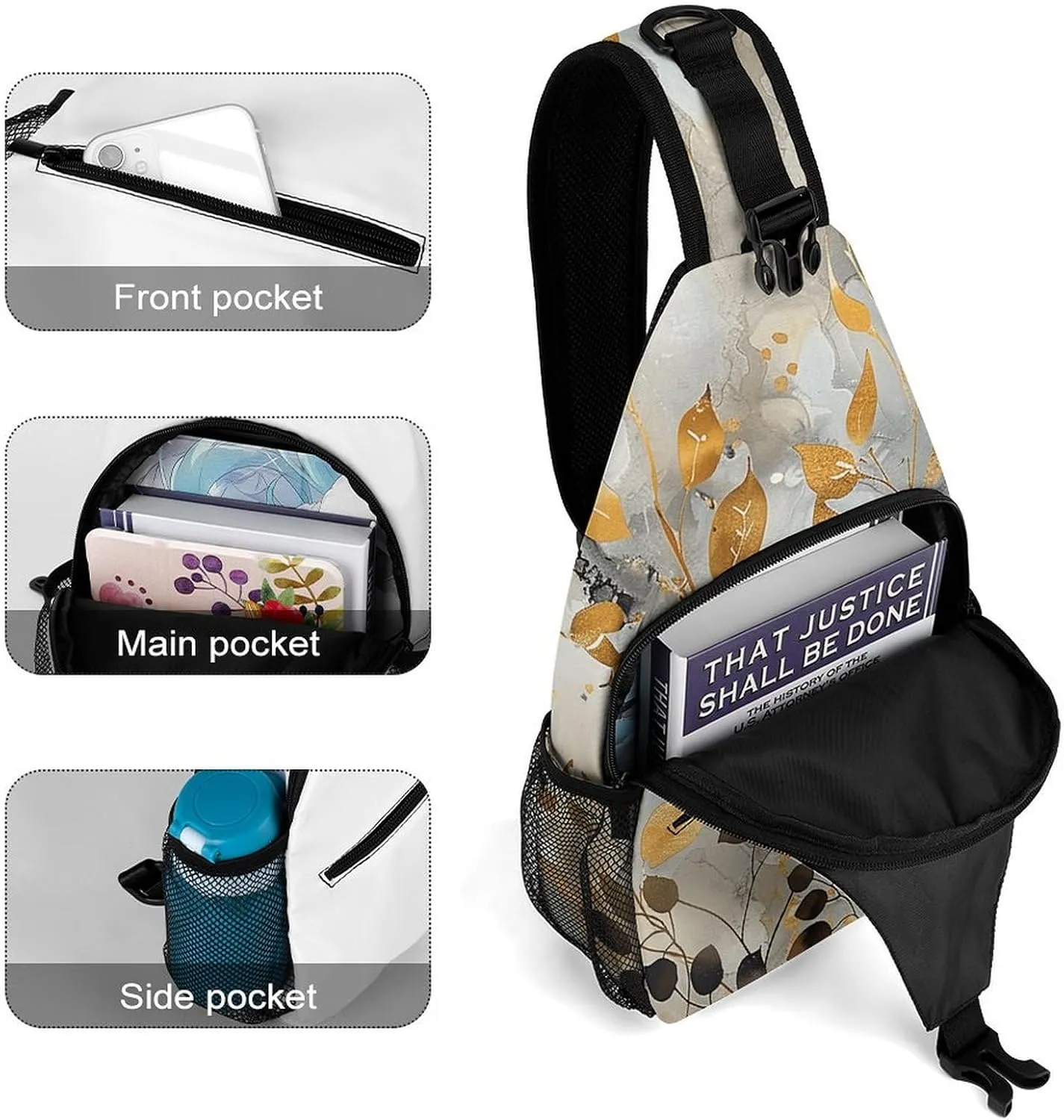 Sling Bag for Women Men Daypack Gold Leaves And Twigs Chest Bag Crossbody Backpack for Hiking Travel