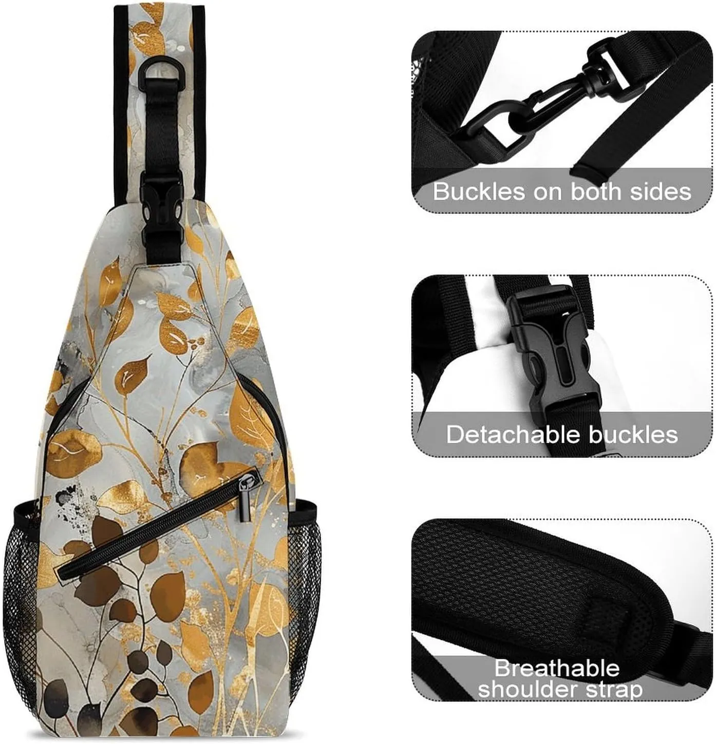 Sling Bag for Women Men Daypack Gold Leaves And Twigs Chest Bag Crossbody Backpack for Hiking Travel
