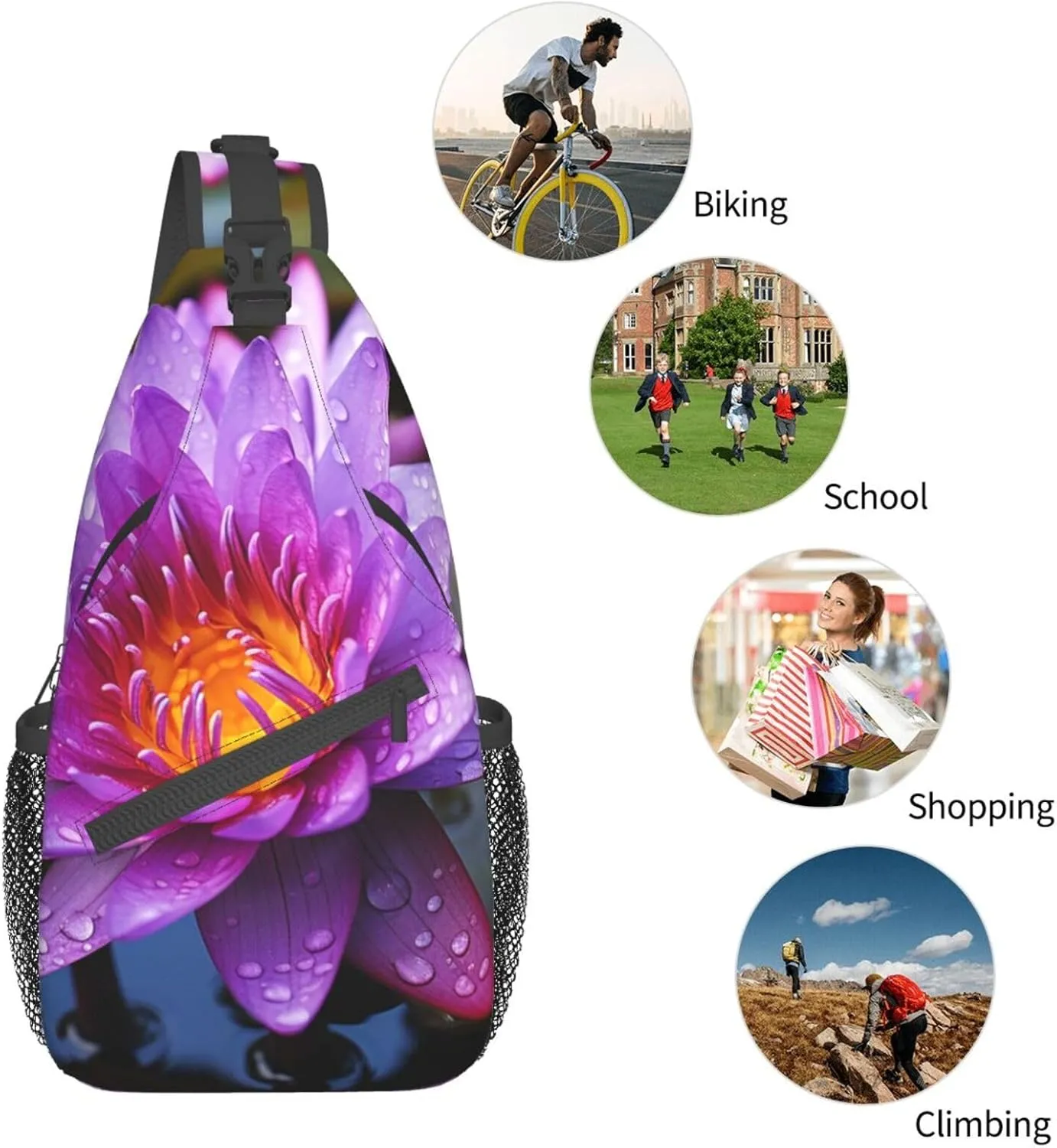 Sling Bag for Women Men Purple water lily Cross Chest Bag Diagonally Casual Fashion Travel Hiking Daypack