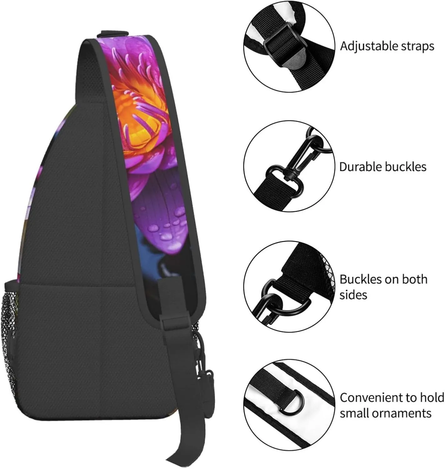 Sling Bag for Women Men Purple water lily Cross Chest Bag Diagonally Casual Fashion Travel Hiking Daypack