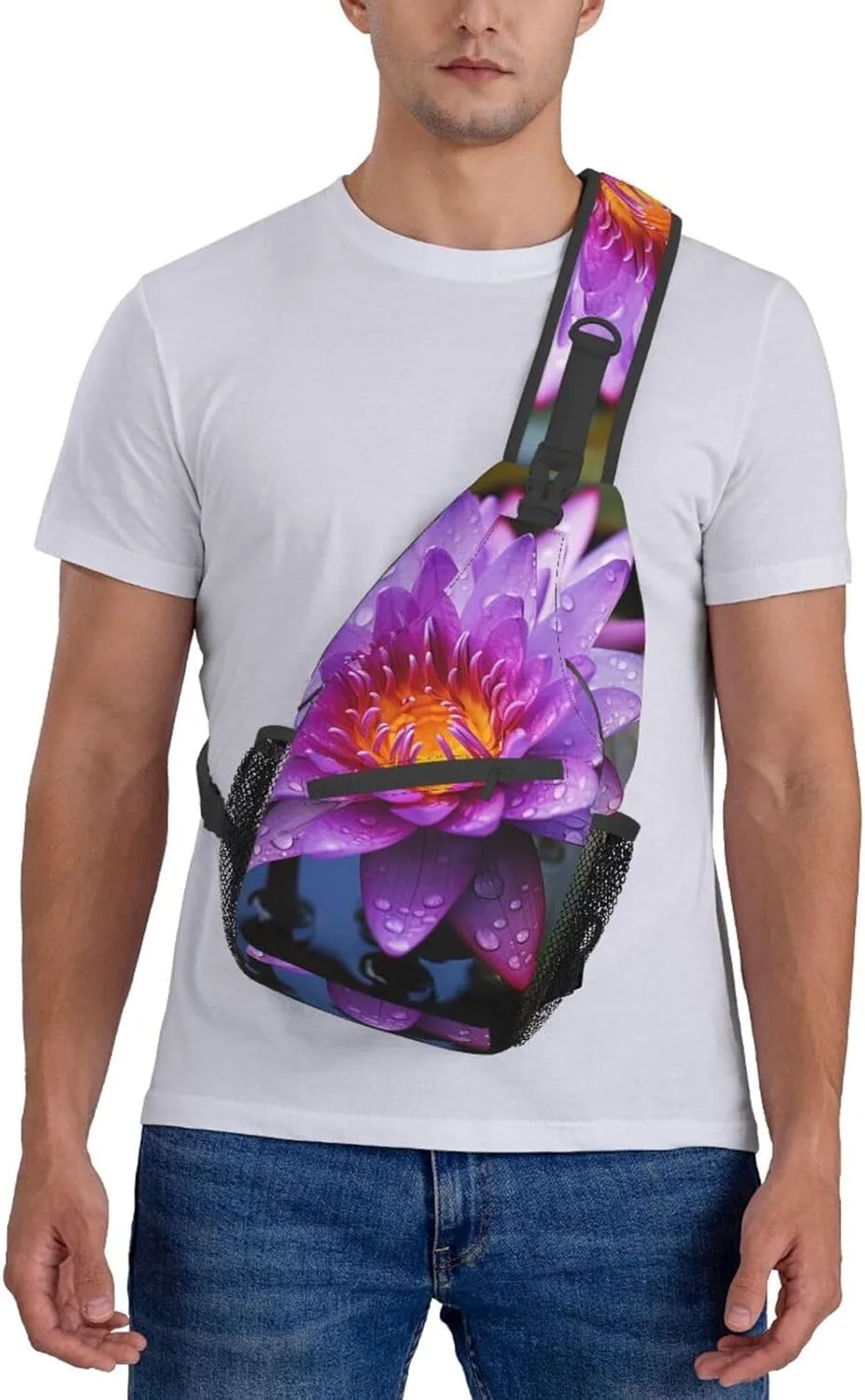 Sling Bag for Women Men Purple water lily Cross Chest Bag Diagonally Casual Fashion Travel Hiking Daypack