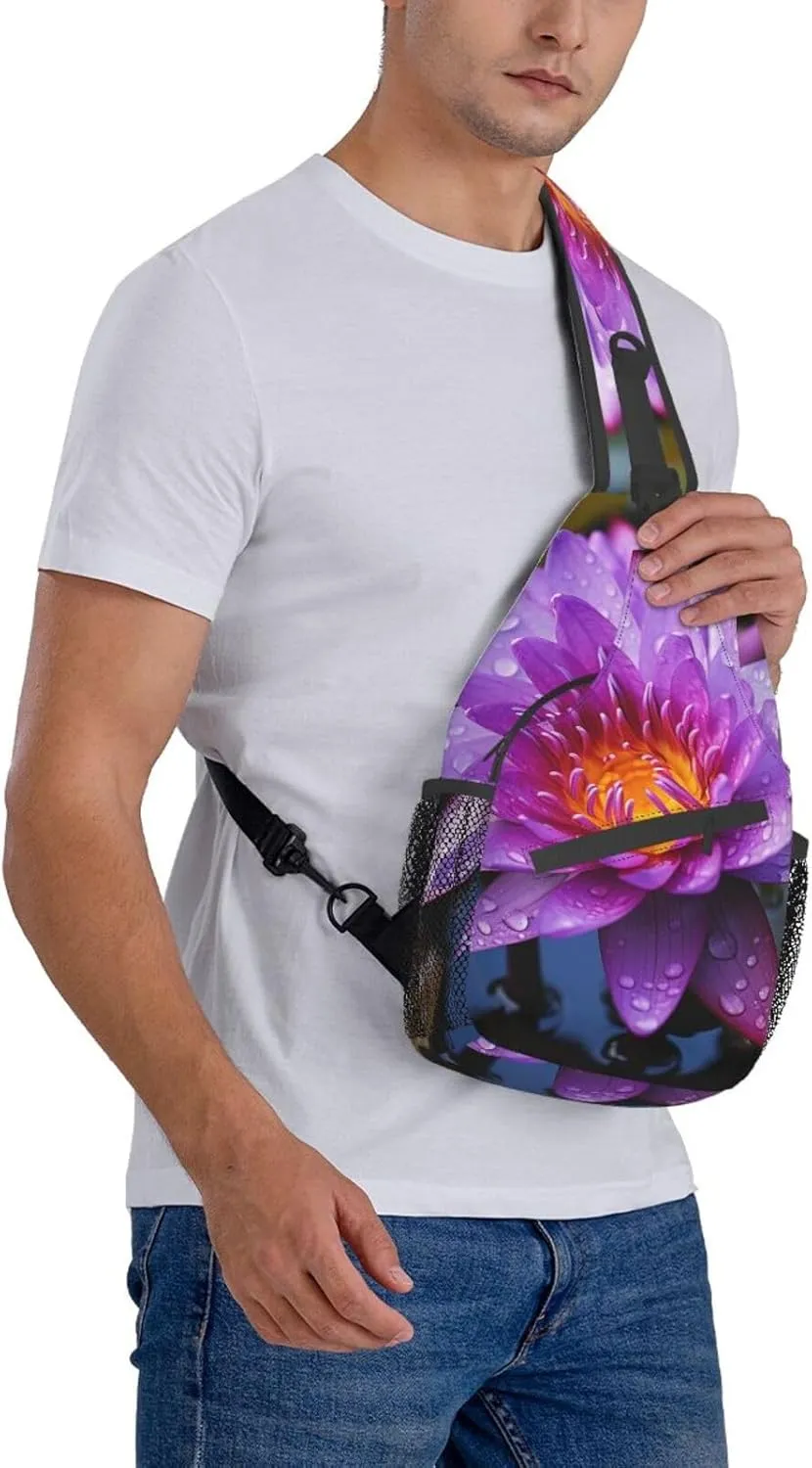 Sling Bag for Women Men Purple water lily Cross Chest Bag Diagonally Casual Fashion Travel Hiking Daypack