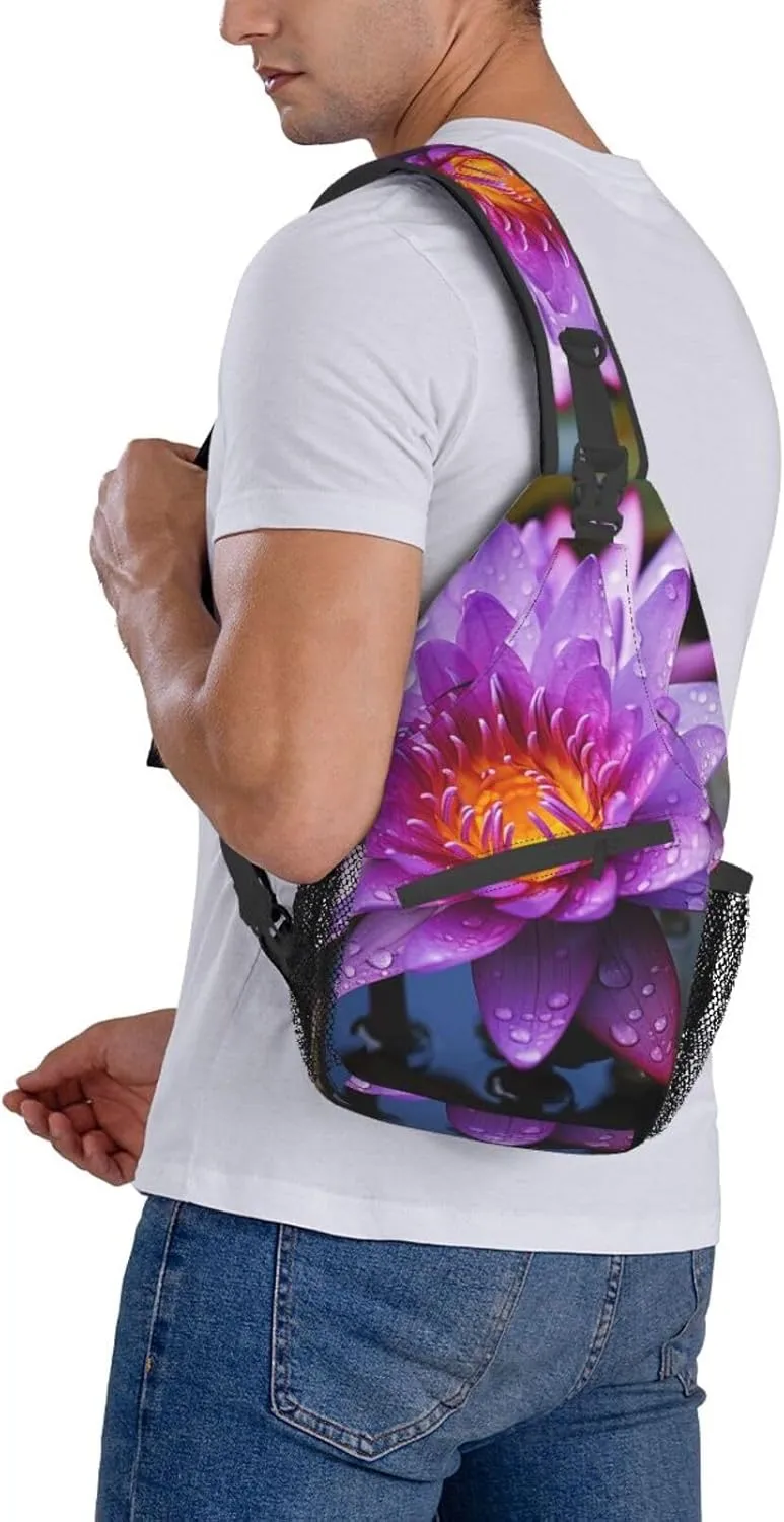 Sling Bag for Women Men Purple water lily Cross Chest Bag Diagonally Casual Fashion Travel Hiking Daypack