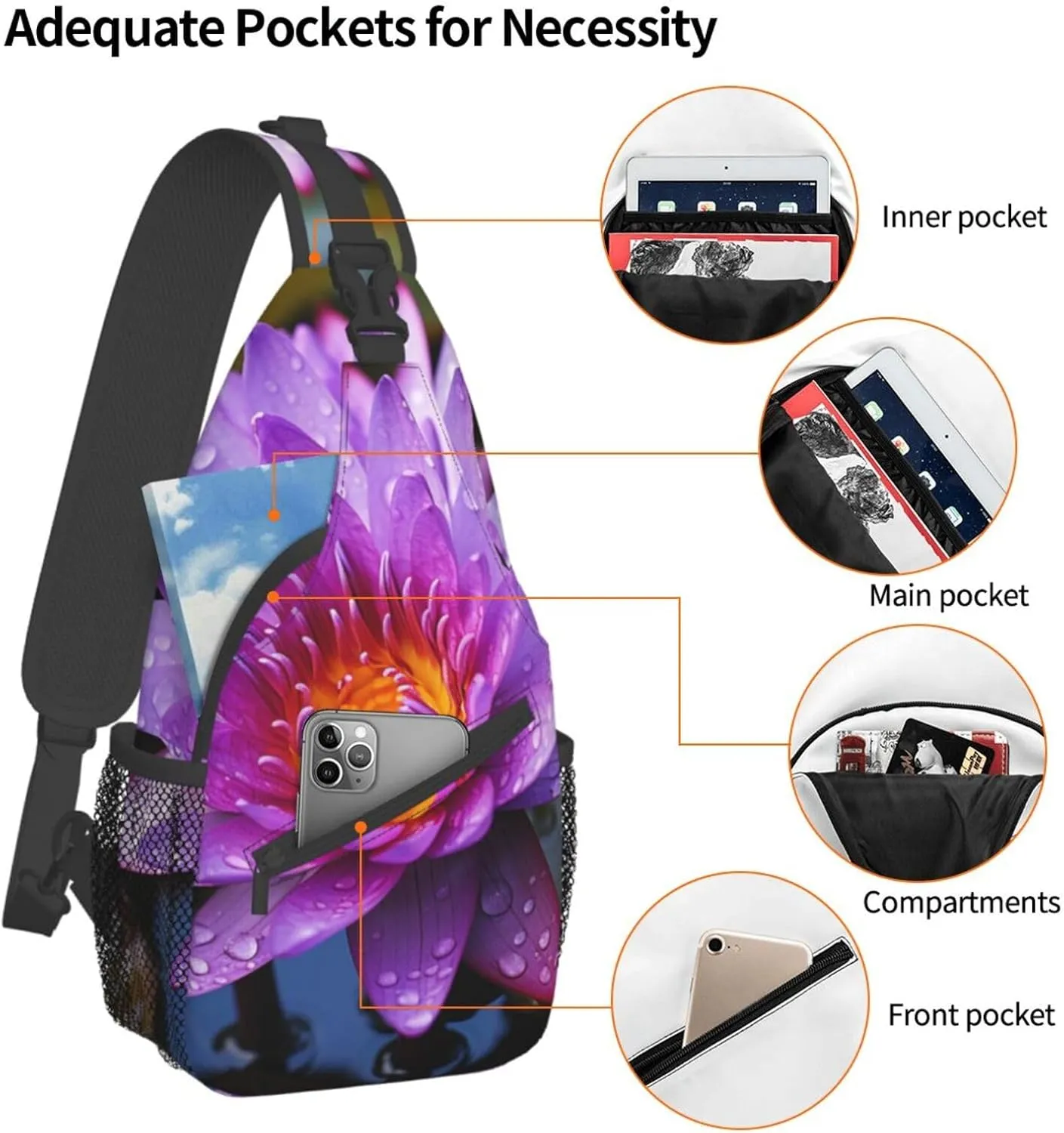 Sling Bag for Women Men Purple water lily Cross Chest Bag Diagonally Casual Fashion Travel Hiking Daypack