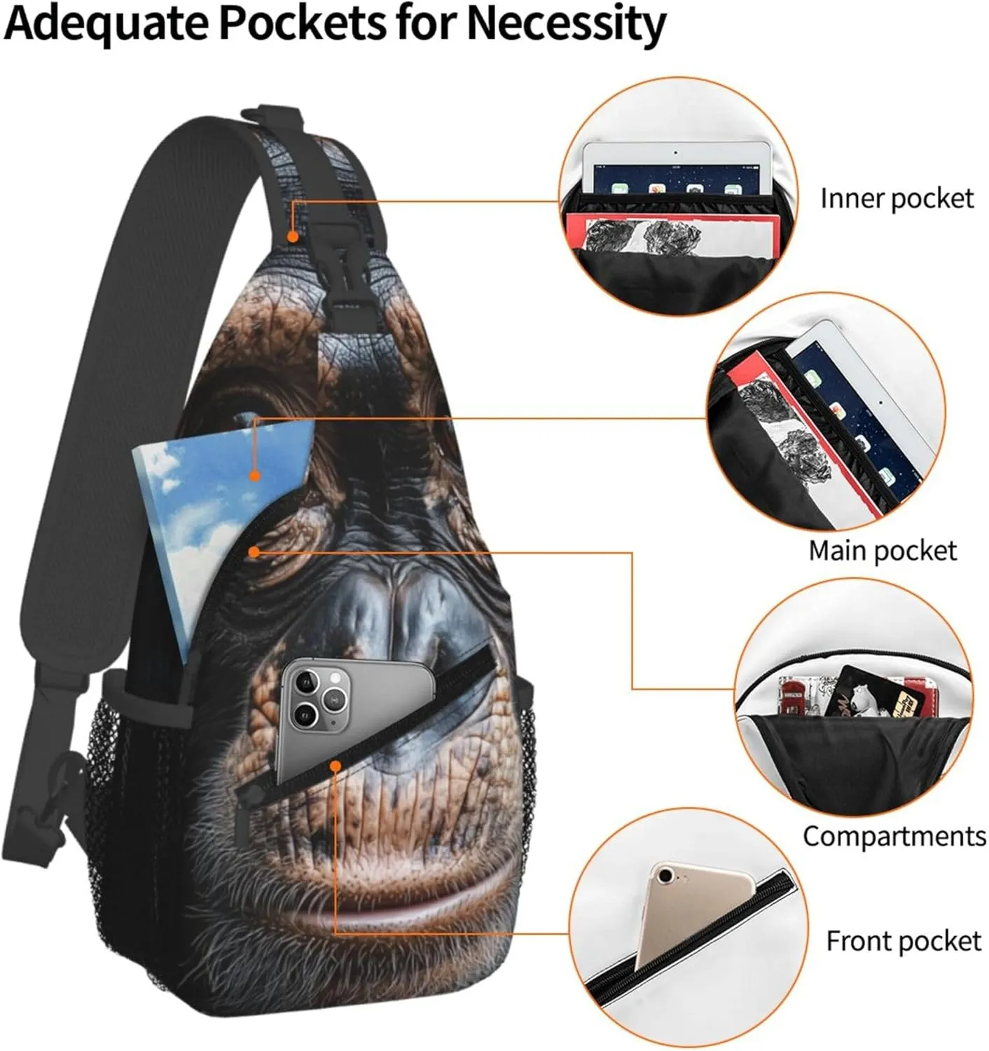 Sling Bag Gorilla Print Crossbody Chest Backpack for Men and Women, Lightweight 3D Animal Gorilla Face Design Crossbody Backpack Travel Hiking Gym Daypack Shoulder Bag for Cycling