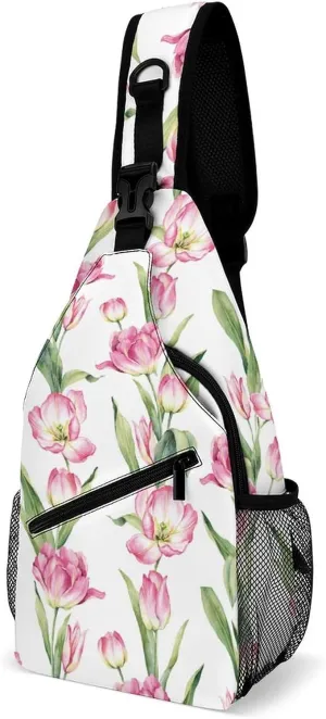 Sling Bag Watercolor Tulips Lovely Crossbody Backpack with Anti Theft Botany Adjustable Shoulder Bag for Travel,Hiking,Cycling,Camping