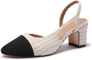Slingback Heels for Women Nude Sling Back Pumps Two Tone Chunky Heel Shoes Cap Toe Slingbacks Heeled Office Dress Shoes