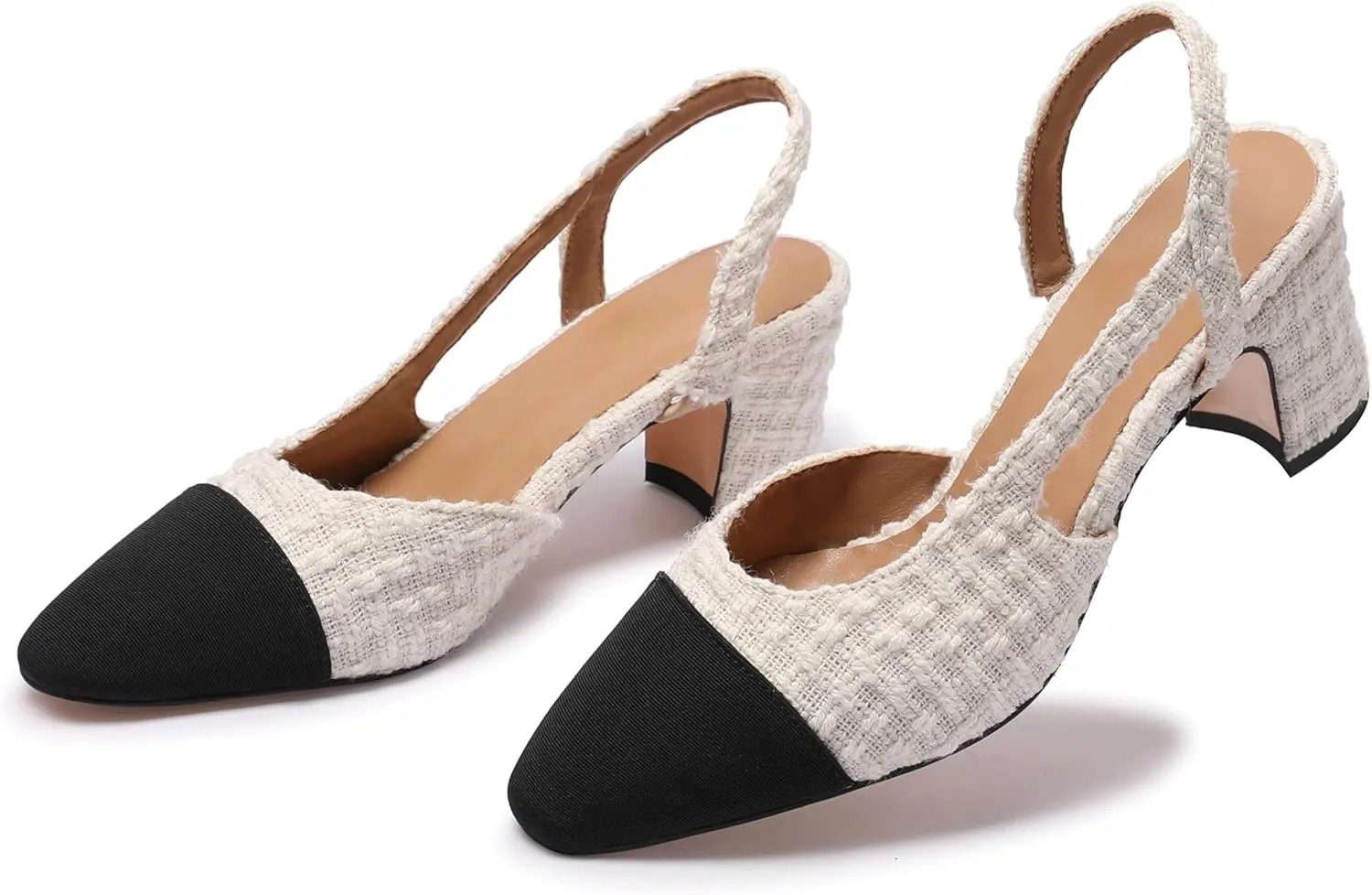 Slingback Heels for Women Nude Sling Back Pumps Two Tone Chunky Heel Shoes Cap Toe Slingbacks Heeled Office Dress Shoes