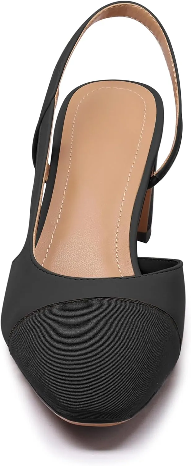 Slingback Heels for Women Nude Sling Back Pumps Two Tone Chunky Heel Shoes Cap Toe Slingbacks Heeled Office Dress Shoes