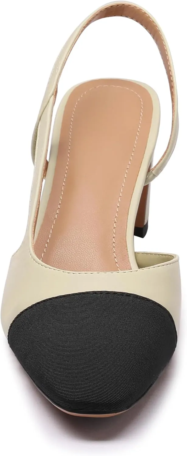 Slingback Heels for Women Nude Sling Back Pumps Two Tone Chunky Heel Shoes Cap Toe Slingbacks Heeled Office Dress Shoes