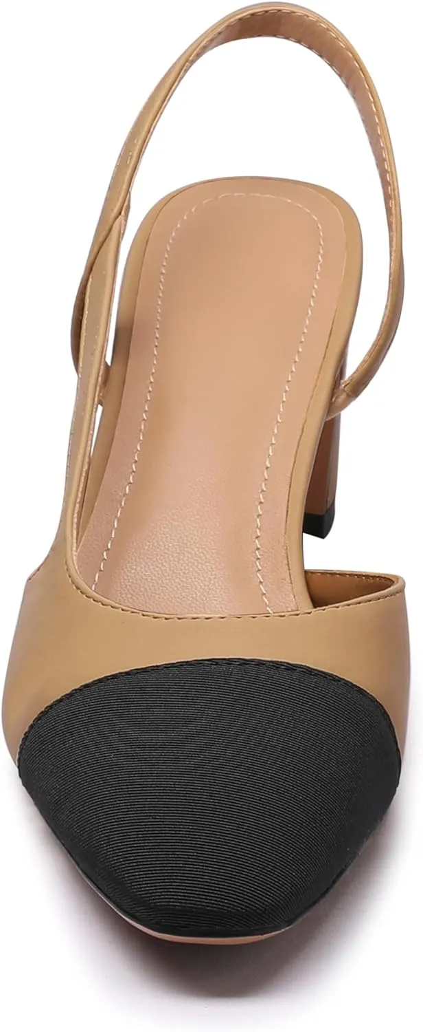 Slingback Heels for Women Nude Sling Back Pumps Two Tone Chunky Heel Shoes Cap Toe Slingbacks Heeled Office Dress Shoes