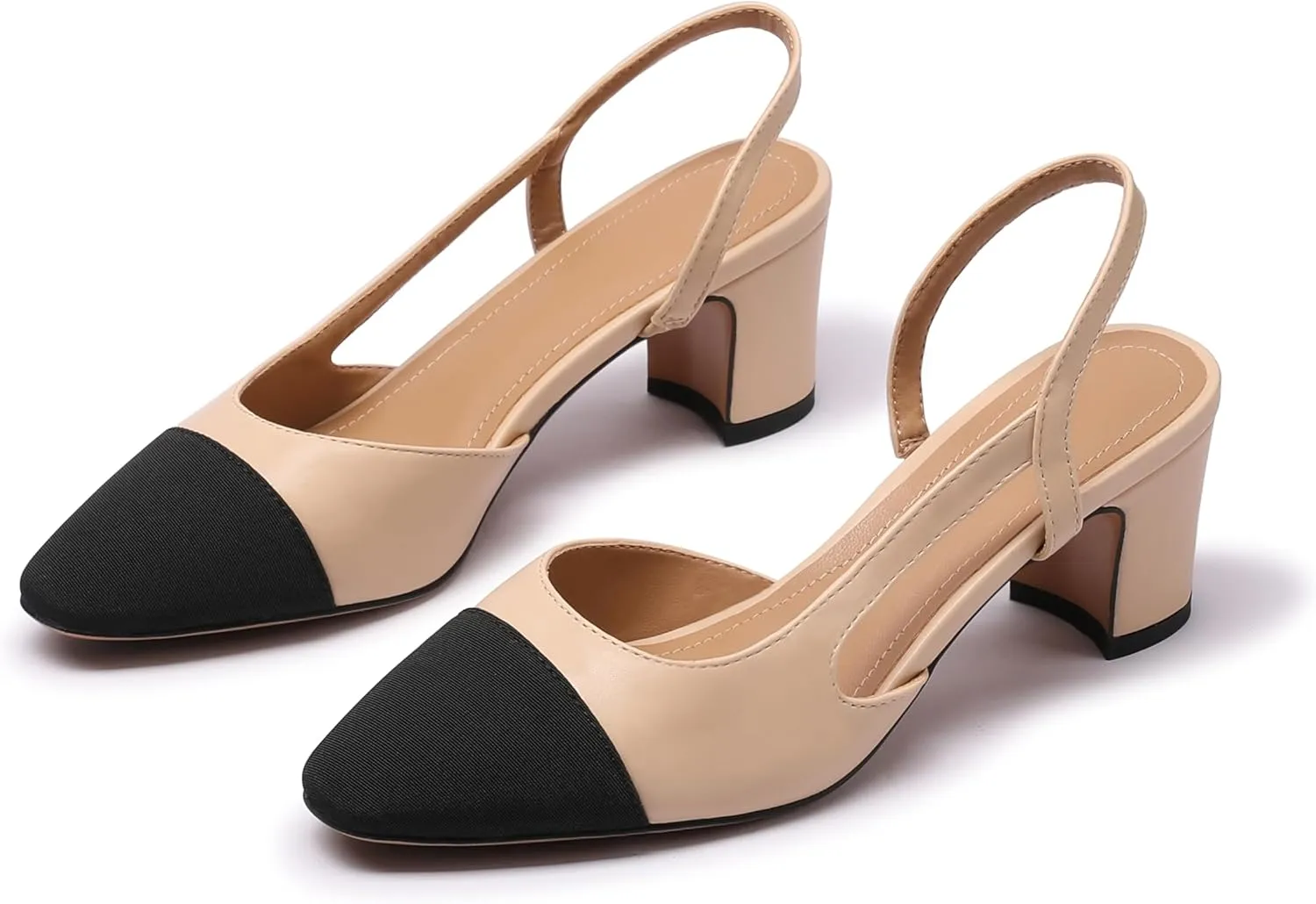 Slingback Heels for Women Nude Sling Back Pumps Two Tone Chunky Heel Shoes Cap Toe Slingbacks Heeled Office Dress Shoes