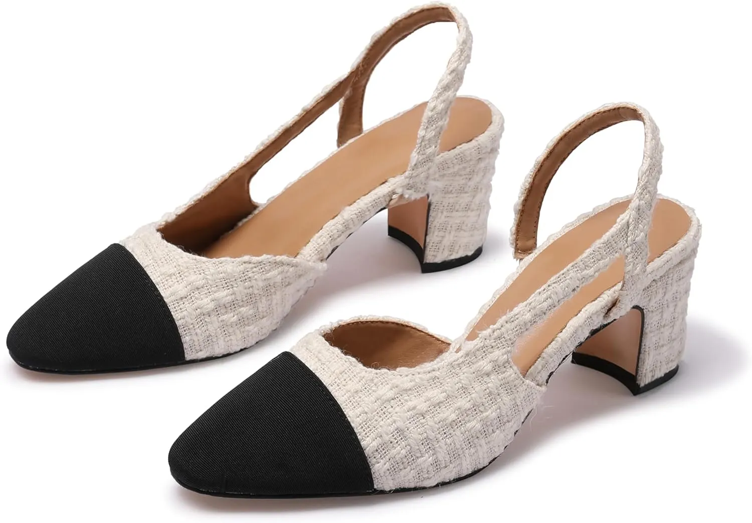 Slingback Heels for Women Nude Sling Back Pumps Two Tone Chunky Heel Shoes Cap Toe Slingbacks Heeled Office Dress Shoes