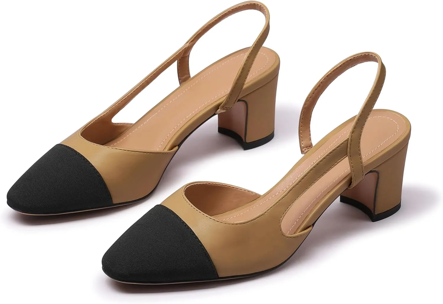 Slingback Heels for Women Nude Sling Back Pumps Two Tone Chunky Heel Shoes Cap Toe Slingbacks Heeled Office Dress Shoes