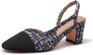 Slingback Heels for Women Nude Sling Back Pumps Two Tone Chunky Heel Shoes Cap Toe Slingbacks Heeled Office Dress Shoes