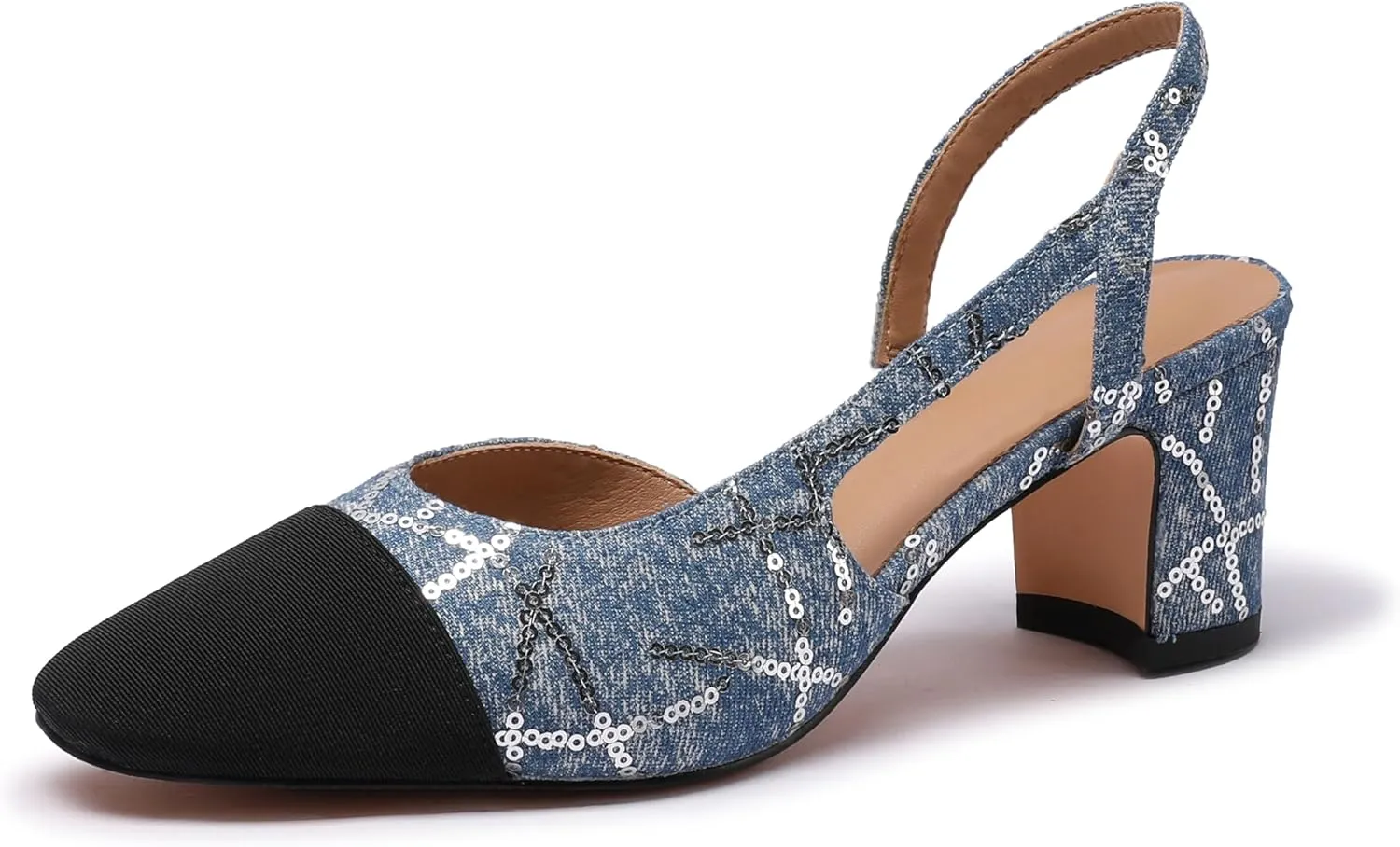 Slingback Heels for Women Nude Sling Back Pumps Two Tone Chunky Heel Shoes Cap Toe Slingbacks Heeled Office Dress Shoes