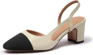 Slingback Heels for Women Nude Sling Back Pumps Two Tone Chunky Heel Shoes Cap Toe Slingbacks Heeled Office Dress Shoes
