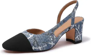Slingback Heels for Women Nude Sling Back Pumps Two Tone Chunky Heel Shoes Cap Toe Slingbacks Heeled Office Dress Shoes