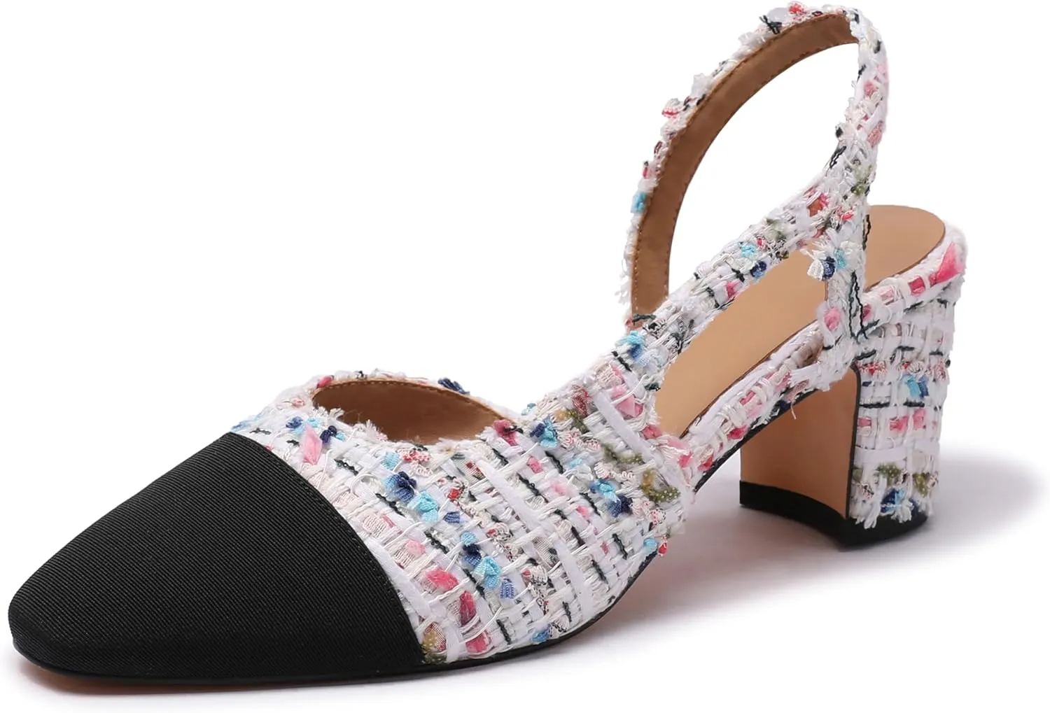 Slingback Heels for Women Nude Sling Back Pumps Two Tone Chunky Heel Shoes Cap Toe Slingbacks Heeled Office Dress Shoes