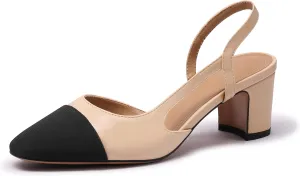 Slingback Heels for Women Nude Sling Back Pumps Two Tone Chunky Heel Shoes Cap Toe Slingbacks Heeled Office Dress Shoes