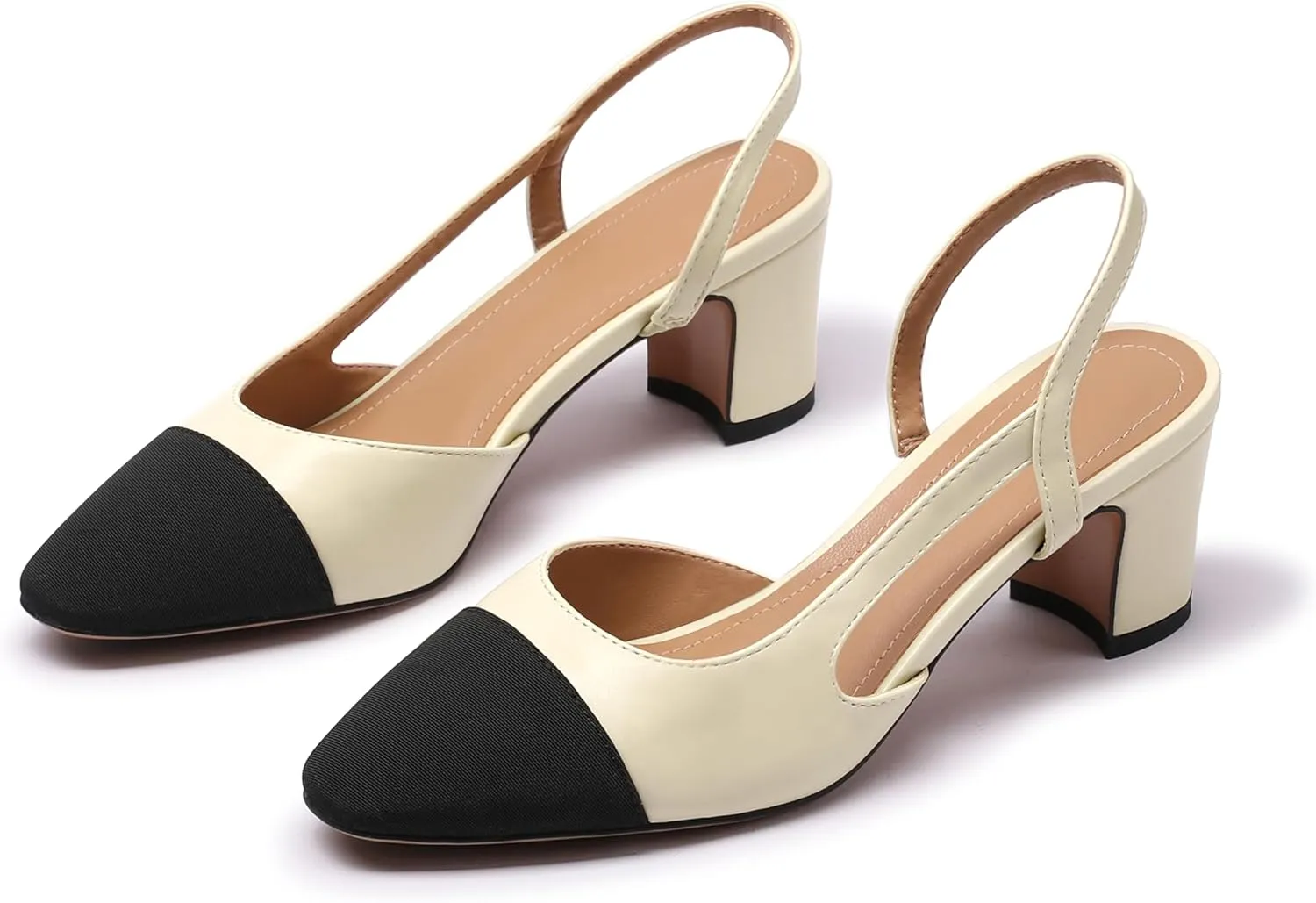 Slingback Heels for Women Nude Sling Back Pumps Two Tone Chunky Heel Shoes Cap Toe Slingbacks Heeled Office Dress Shoes