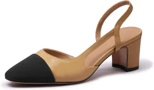 Slingback Heels for Women Nude Sling Back Pumps Two Tone Chunky Heel Shoes Cap Toe Slingbacks Heeled Office Dress Shoes