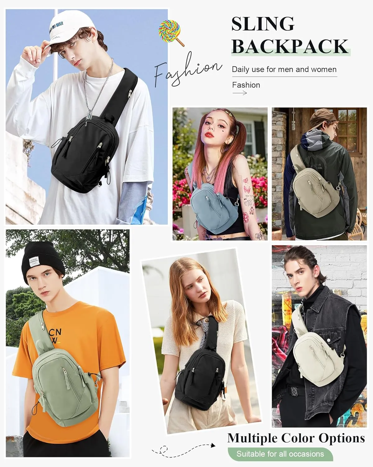 Small Black Sling Crossbody Bag for Men Women, Tactical Backpack Shoulder Daypack Mini Anti-Theft Motorcycle Chest Bags, Small One Strap Backpack for Casual Travel Hiking Outdoor Sports