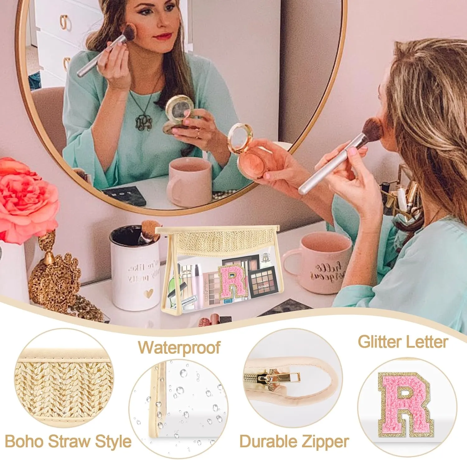 Small Boho Straw Clear Makeup Bag Personalized Initial Letter Pouch, Cute Preppy Chenille Varsity Letter Cosmetic Zipper Pouch, Monogrammed Transparent Travel Beige Make Up Storage for Women(Letter R)