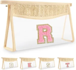 Small Boho Straw Clear Makeup Bag Personalized Initial Letter Pouch, Cute Preppy Chenille Varsity Letter Cosmetic Zipper Pouch, Monogrammed Transparent Travel Beige Make Up Storage for Women(Letter R)