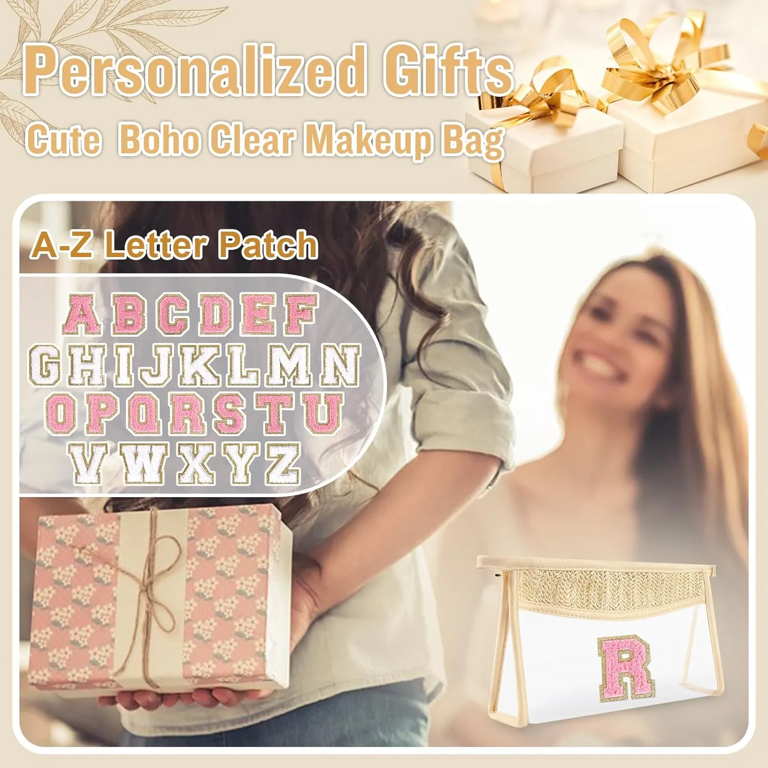 Small Boho Straw Clear Makeup Bag Personalized Initial Letter Pouch, Cute Preppy Chenille Varsity Letter Cosmetic Zipper Pouch, Monogrammed Transparent Travel Beige Make Up Storage for Women(Letter R)