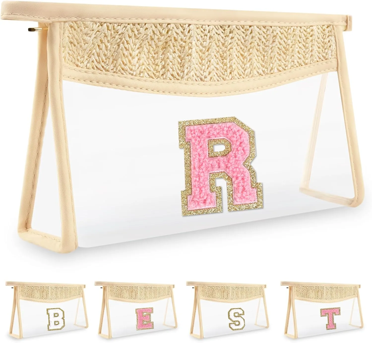 Small Boho Straw Clear Makeup Bag Personalized Initial Letter Pouch, Cute Preppy Chenille Varsity Letter Cosmetic Zipper Pouch, Monogrammed Transparent Travel Beige Make Up Storage for Women(Letter R)
