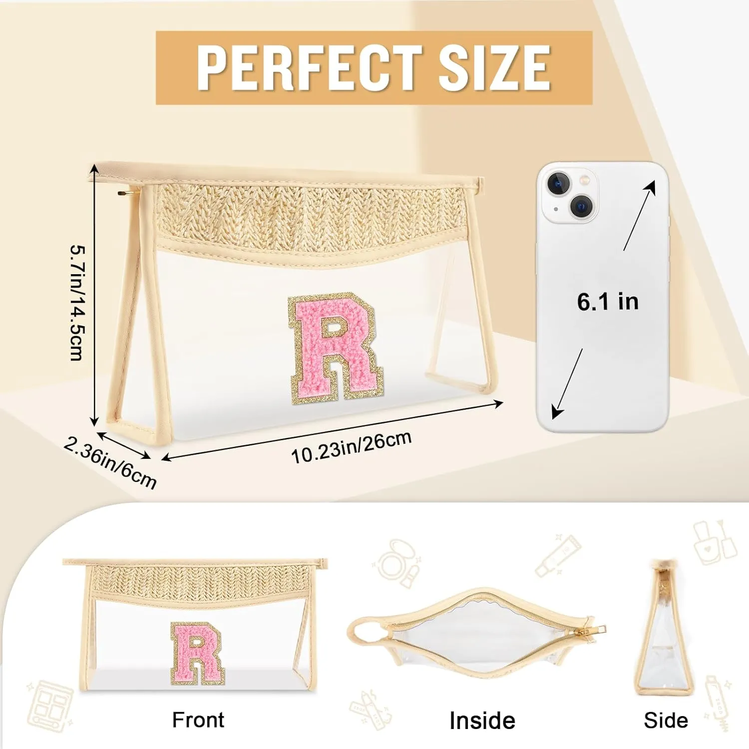Small Boho Straw Clear Makeup Bag Personalized Initial Letter Pouch, Cute Preppy Chenille Varsity Letter Cosmetic Zipper Pouch, Monogrammed Transparent Travel Beige Make Up Storage for Women(Letter R)