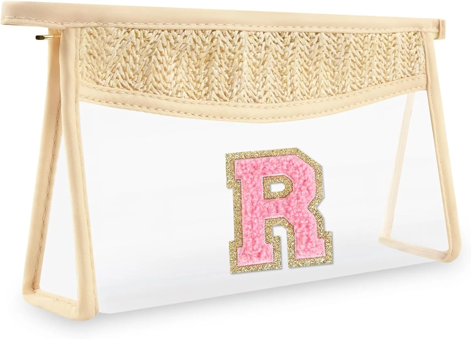 Small Boho Straw Clear Makeup Bag Personalized Initial Letter Pouch, Cute Preppy Chenille Varsity Letter Cosmetic Zipper Pouch, Monogrammed Transparent Travel Beige Make Up Storage for Women(Letter R)