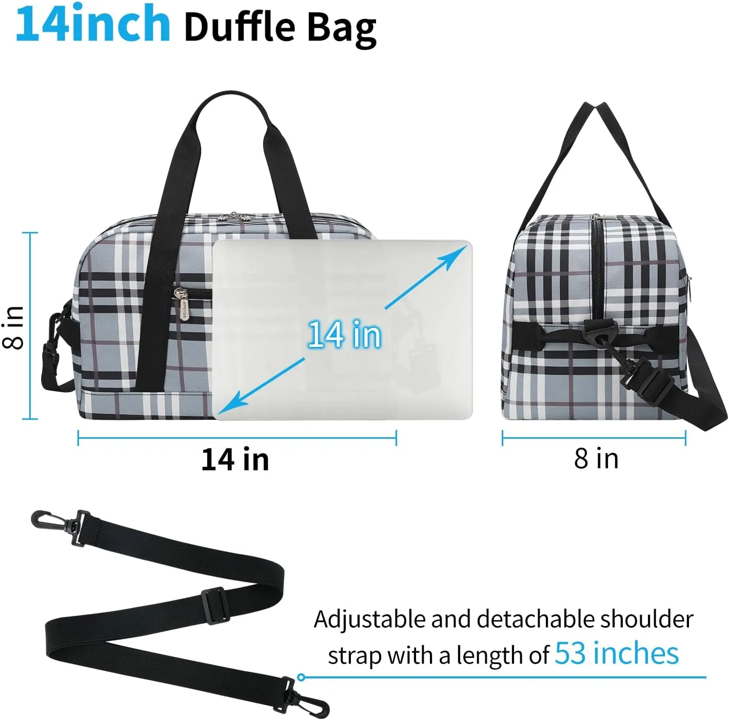 Small Gym Bag 14 inch lightweight Carry On Mini Duffel Bag for Travel Sport - Gray white plaid
