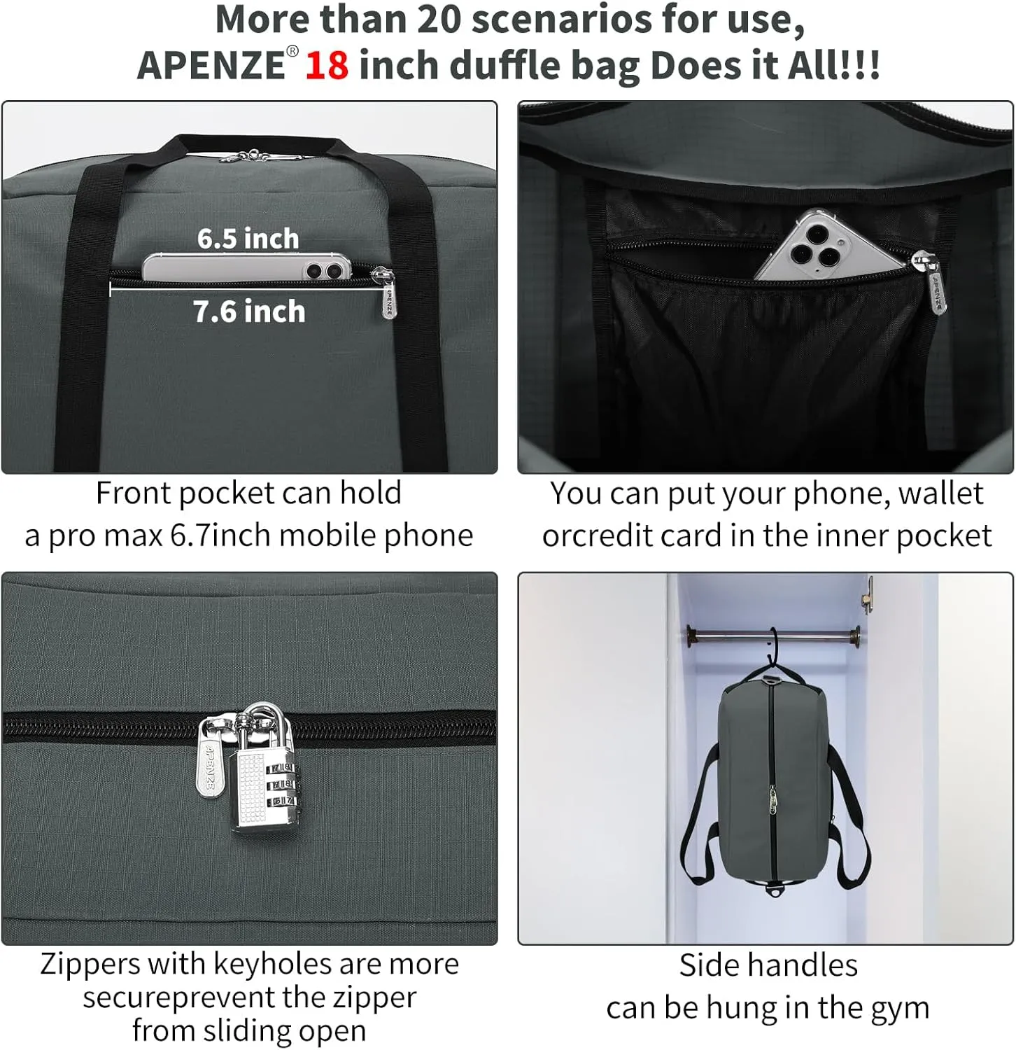 Small Gym Bag 18 inch Carry On Duffel Bag for Weekender Travel - Dark Grey
