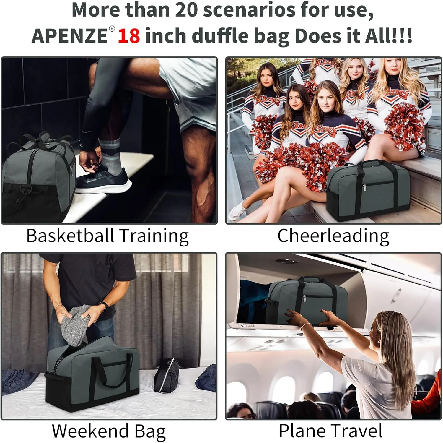 Small Gym Bag 18 inch Carry On Duffel Bag for Weekender Travel - Dark Grey