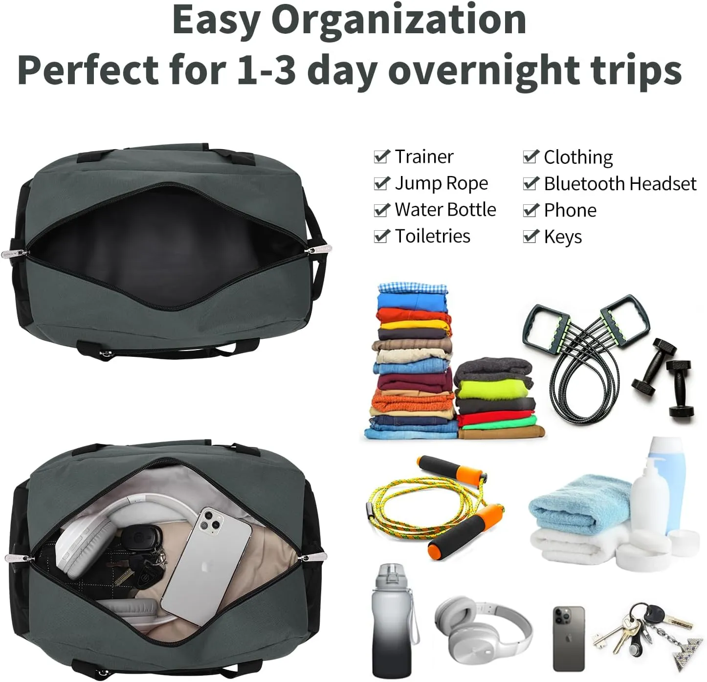 Small Gym Bag 18 inch Carry On Duffel Bag for Weekender Travel - Dark Grey