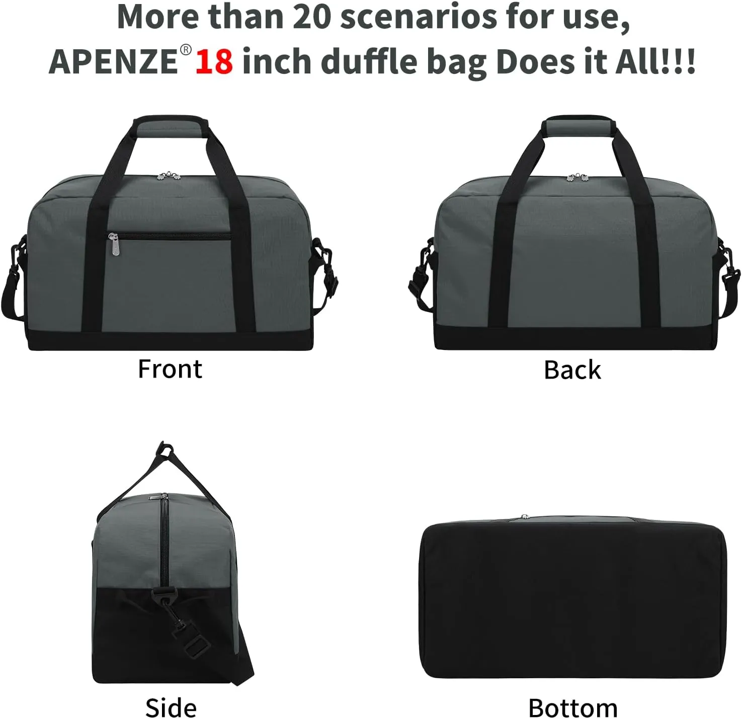 Small Gym Bag 18 inch Carry On Duffel Bag for Weekender Travel - Dark Grey