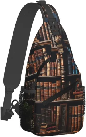 Small Sling Bag Sling Backpack for Women Men Chest Bag Books on the Bookshelf Crossbody Shoulder Bag Hiking Daypack