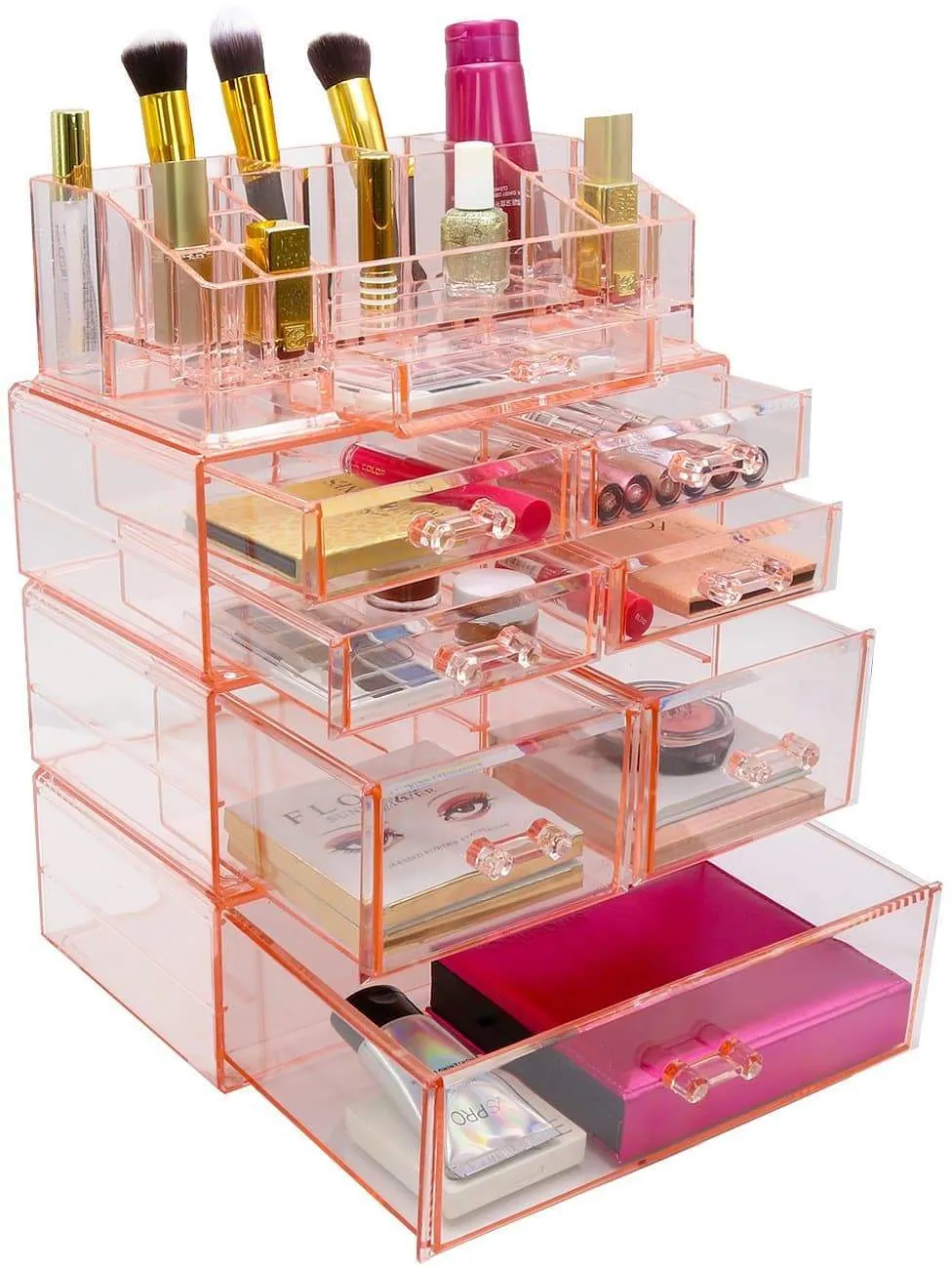 Sorbus Acrylic Cosmetics Makeup and Jewelry Storage Case Display Sets - Interlocking Drawers to Create Your Own Specially Designed Makeup Counter - Stackable and Interchangeable (Pink)