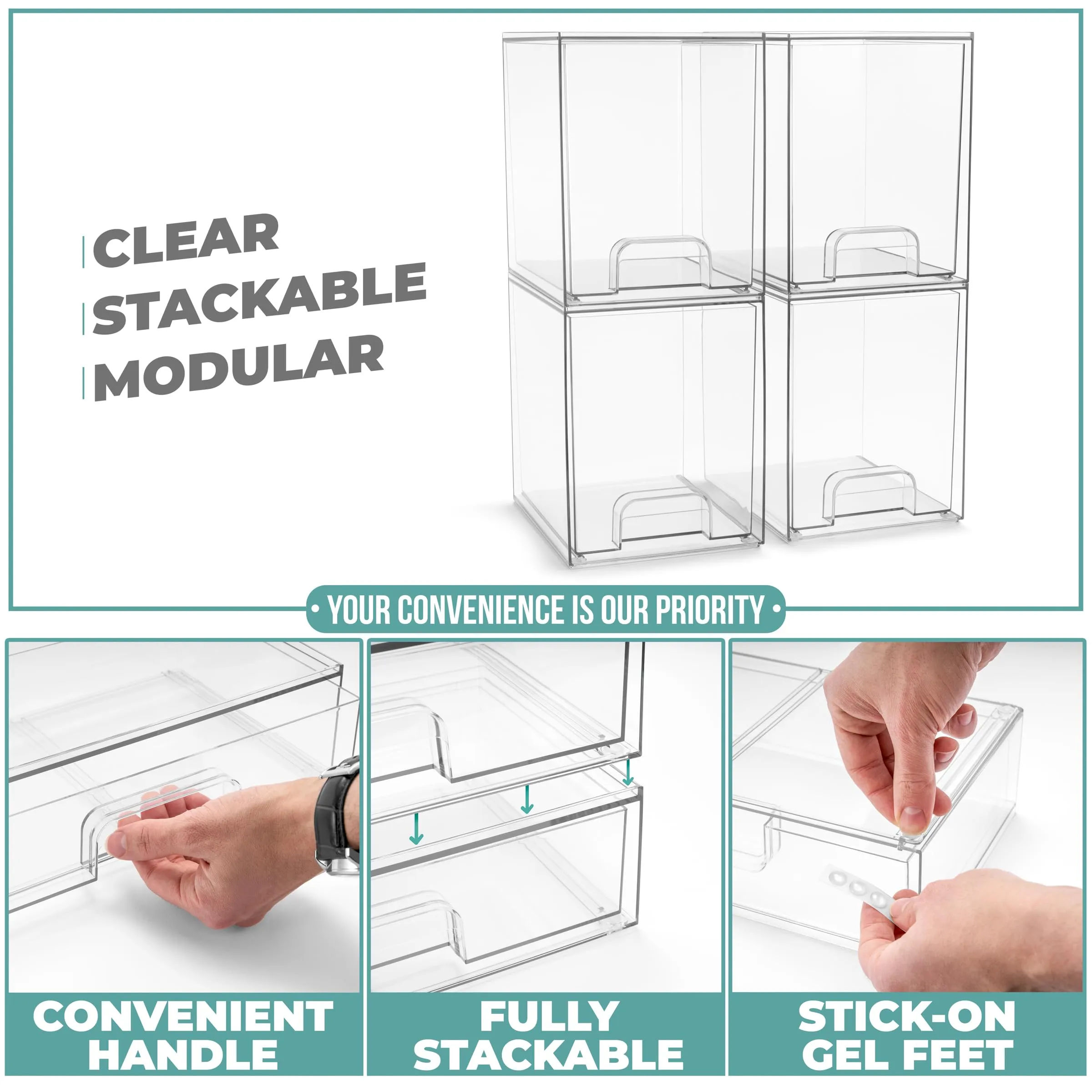 Sorbus Acrylic Storage Containers - 4 Pack, Stackable Storage Bins Set for Bathroom Organization - Clear Acrylic Drawer Organizers - Makeup Case Pull-Out Drawers (7.6’’ Tall)