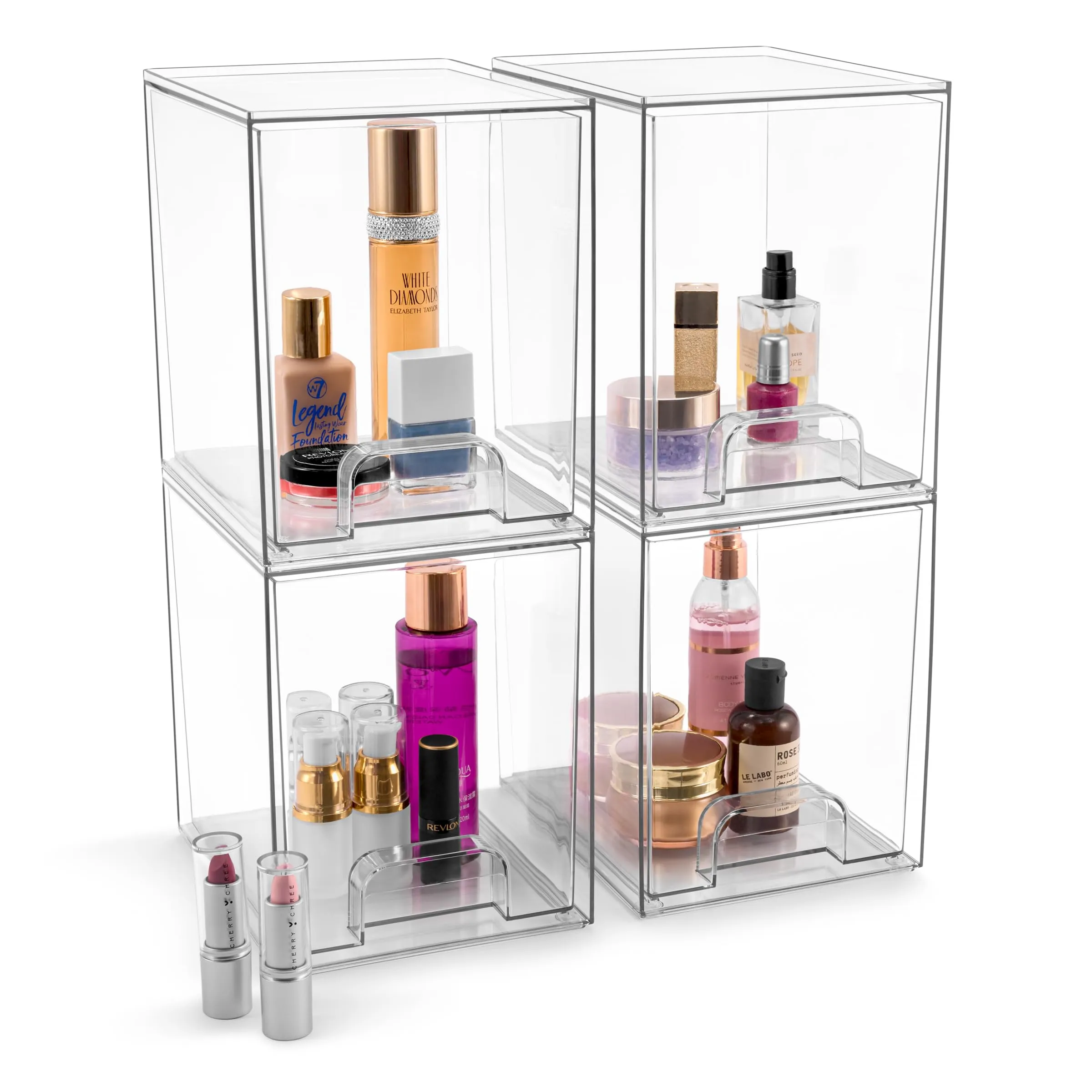 Sorbus Acrylic Storage Containers - 4 Pack, Stackable Storage Bins Set for Bathroom Organization - Clear Acrylic Drawer Organizers - Makeup Case Pull-Out Drawers (7.6’’ Tall)