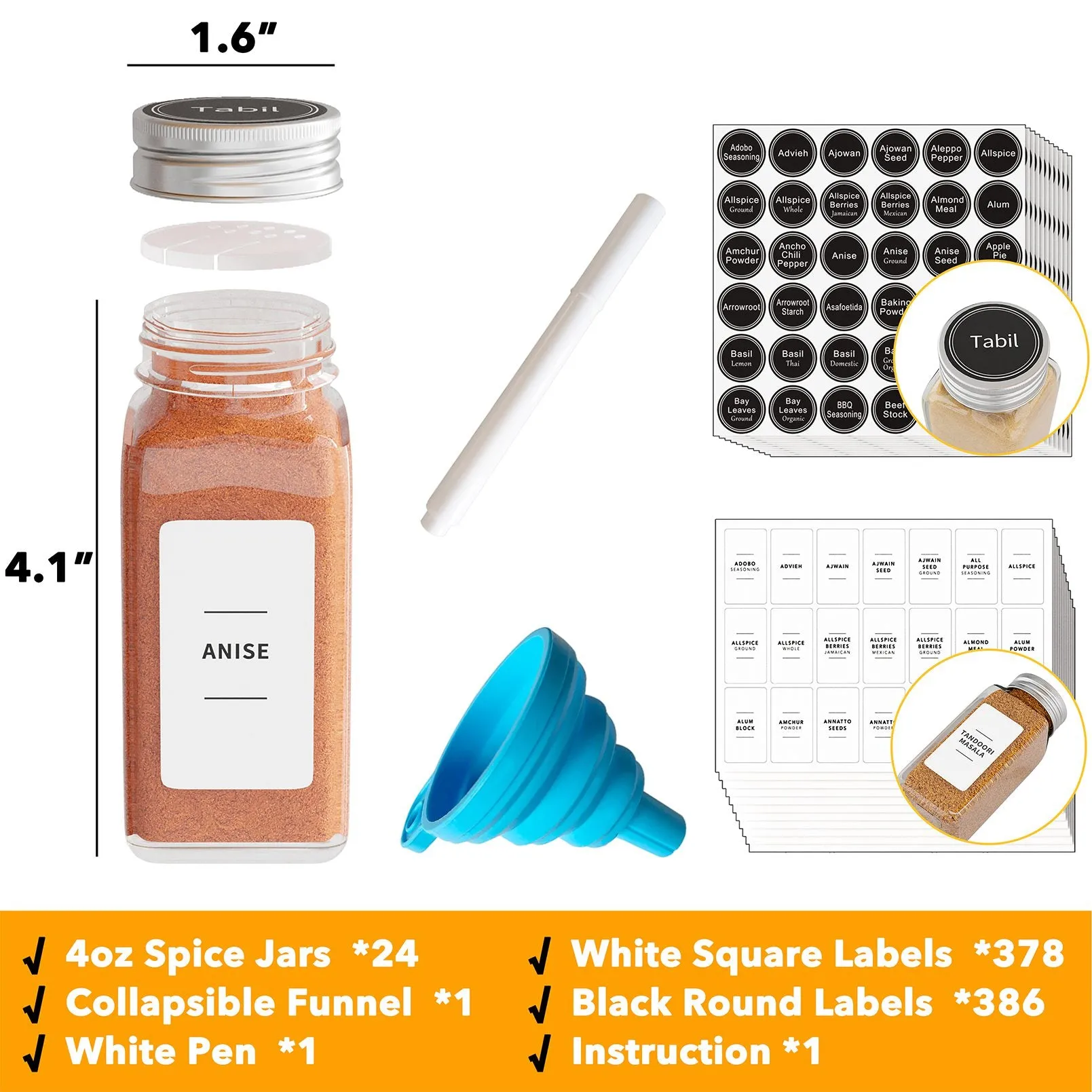 SpaceAid 4 oz Empty Glass Spice Bottles with Labels, 24 Pcs