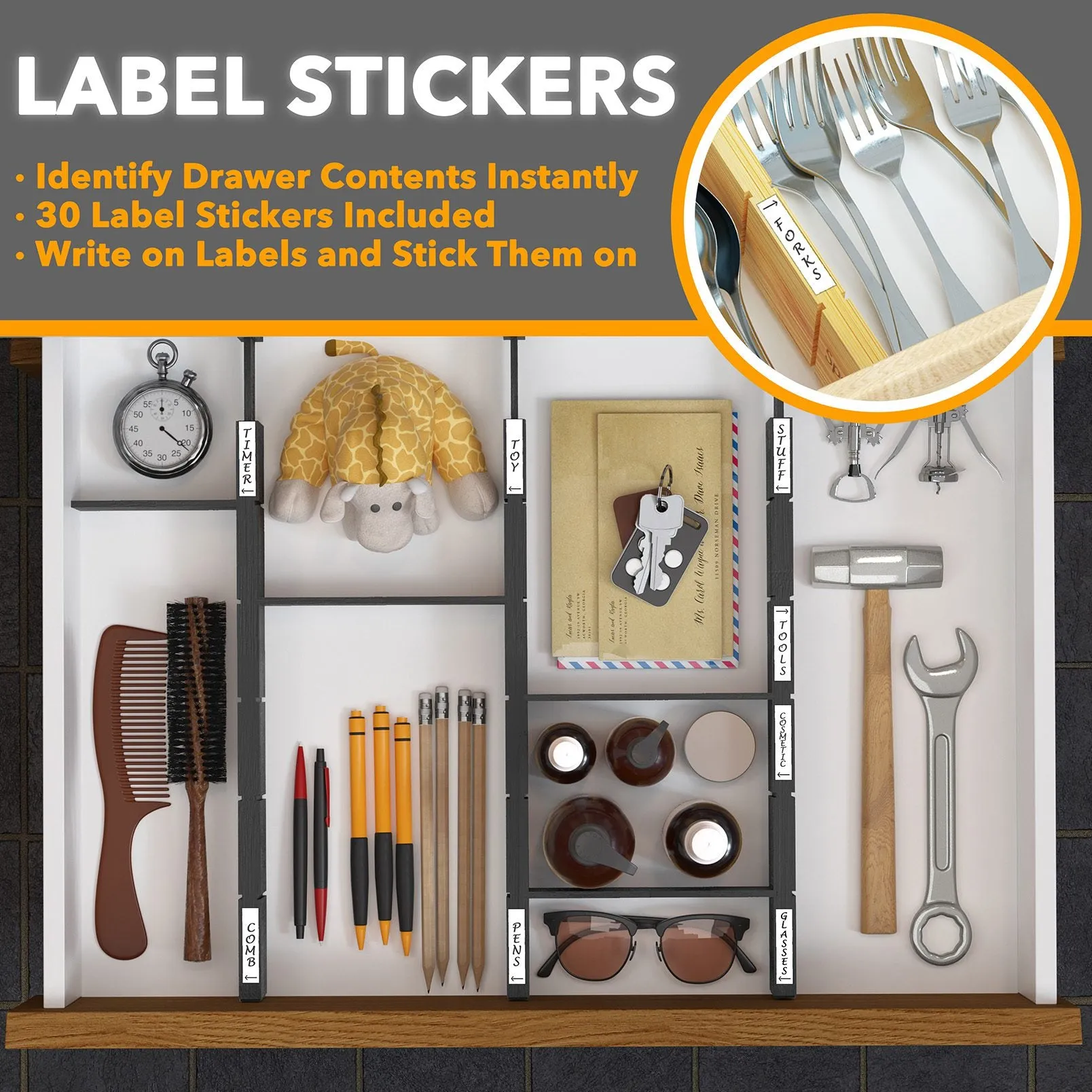 SpaceAid Bamboo Drawer Divider with Adjustable Inserts and Labels, 4 Dividers with 9 Inserts (17-22 in), Black