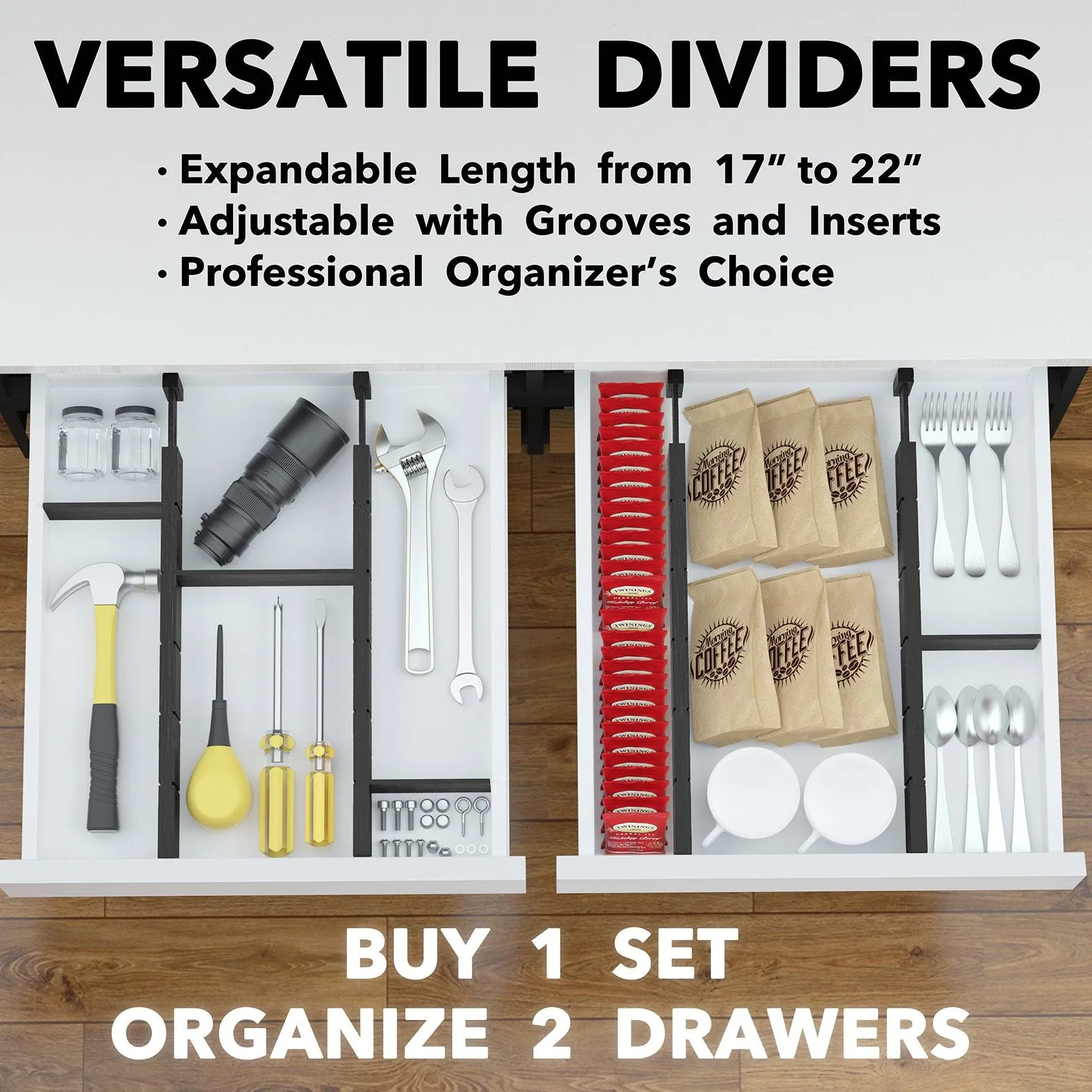 SpaceAid Bamboo Drawer Divider with Adjustable Inserts and Labels, 4 Dividers with 9 Inserts (17-22 in), Black