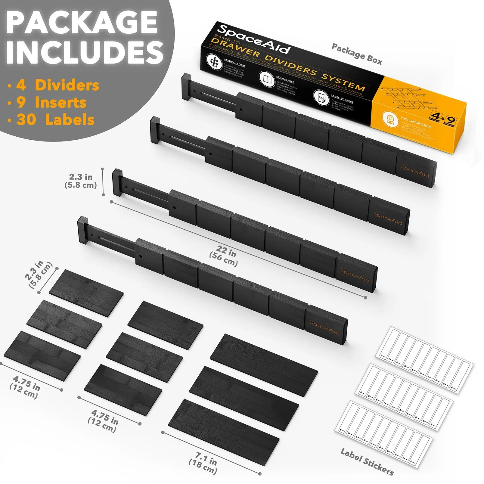 SpaceAid Bamboo Drawer Divider with Adjustable Inserts and Labels, 4 Dividers with 9 Inserts (17-22 in), Black